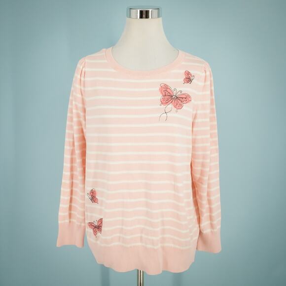 Talbots Plus Size X 0X Pink Stripe Embroidered Butterfly Crew Neck Sweater - Picture 1 of 7